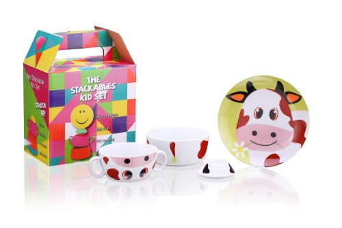 Zestaw, porcelana utwardzona dla dzieci, krówka krowa, miska, kubek dwa ucha, spodek na jajko, talerz, wieża