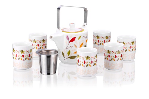 Zestaw do herbaty, imbryk w kwiaty z sitkiem, 6 osób,