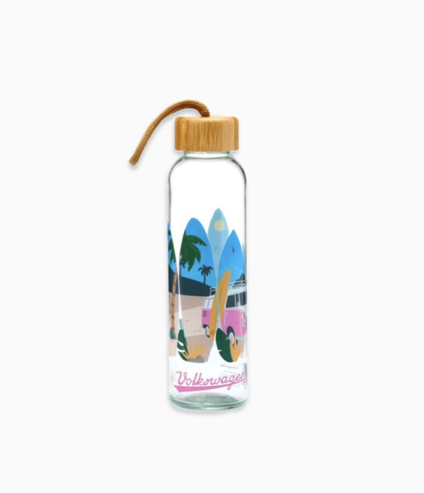 Szklana butelka z bambusową nakrętką Volkswagen Camper Bus Fale 500 ml
