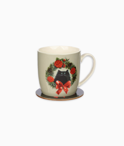 Kubek porcelanowy Kot w Wieńcu Świątecznym z podstawką