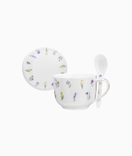 Porcelanowy kubek w kwiaty z łyżką i pokrywką, zestaw, prezent dla mamy