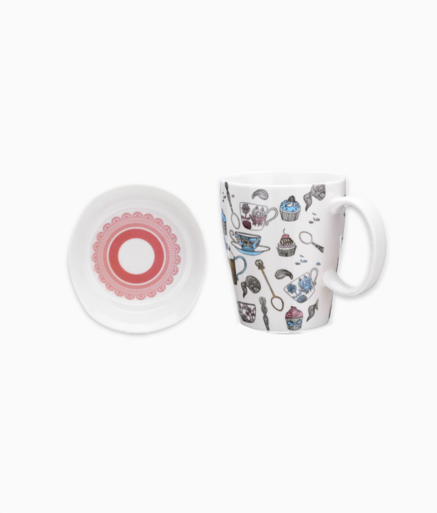 Utwardzona porcelana, kubek, wzory wzorki, uroczy, podstawka, zestaw 2 elementy