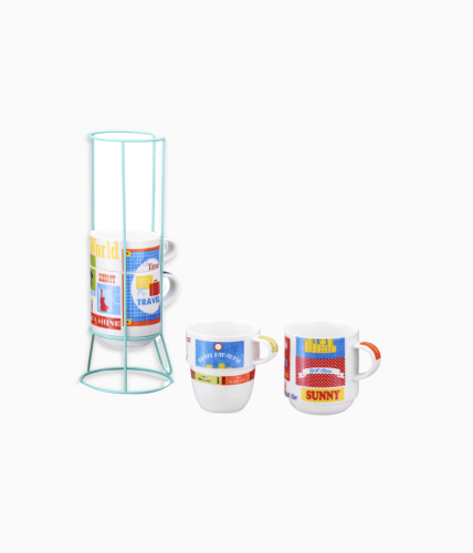 Utwardzona porcelana, zestaw kubków z nadrukami, kolorowe, stojak, cztery 4 kubki, prezent