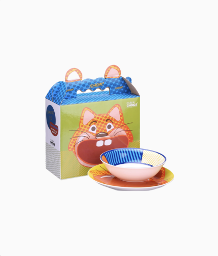 zestaw naczyń porcelanowy z kotem