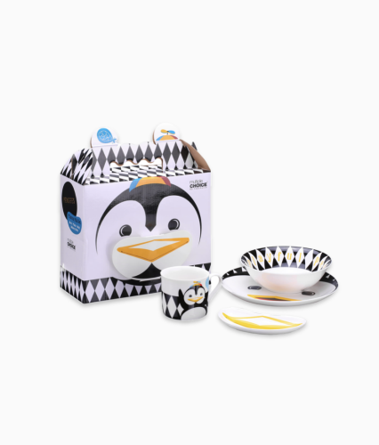 Porcelana dla dziecka - pingwin zestaw 4 elementy, kubek miska talerz półmisek