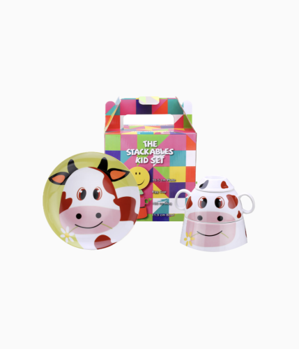 Zestaw, porcelana utwardzona dla dzieci, krowa krówka, miska, kubek dwa ucha, spodek na jajko, talerz, wieża