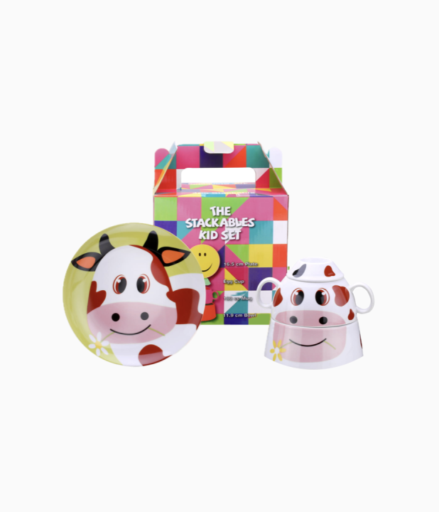 Zestaw, porcelana utwardzona dla dzieci, krowa krówka, miska, kubek dwa ucha, spodek na jajko, talerz, wieża
